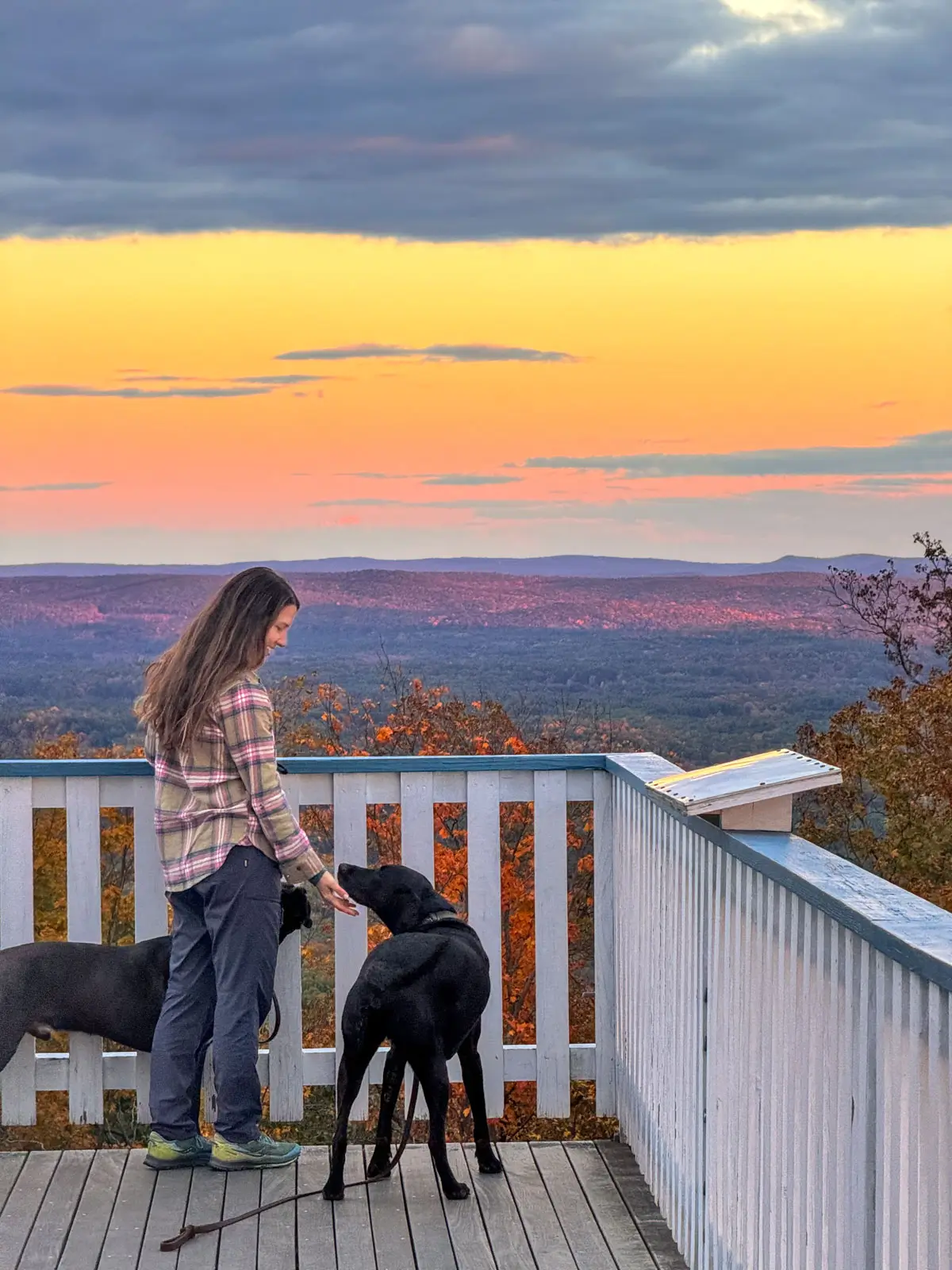 woman in beige flannel standing on white deck of the summit house at skinner state park with two dogs and a sunset orange sky in the background.