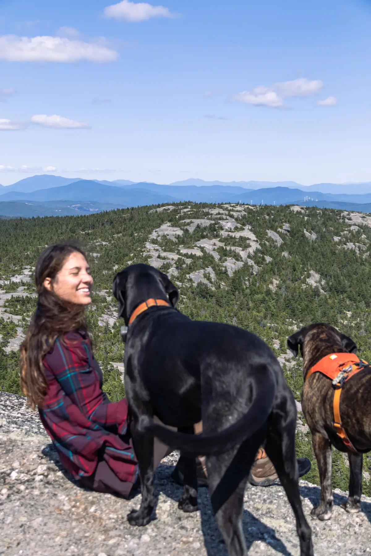 woman in maroon flannel smiling at the camera with black dog on exposed rocky summit in new hampshire with green mountains behind him and blue sky above.