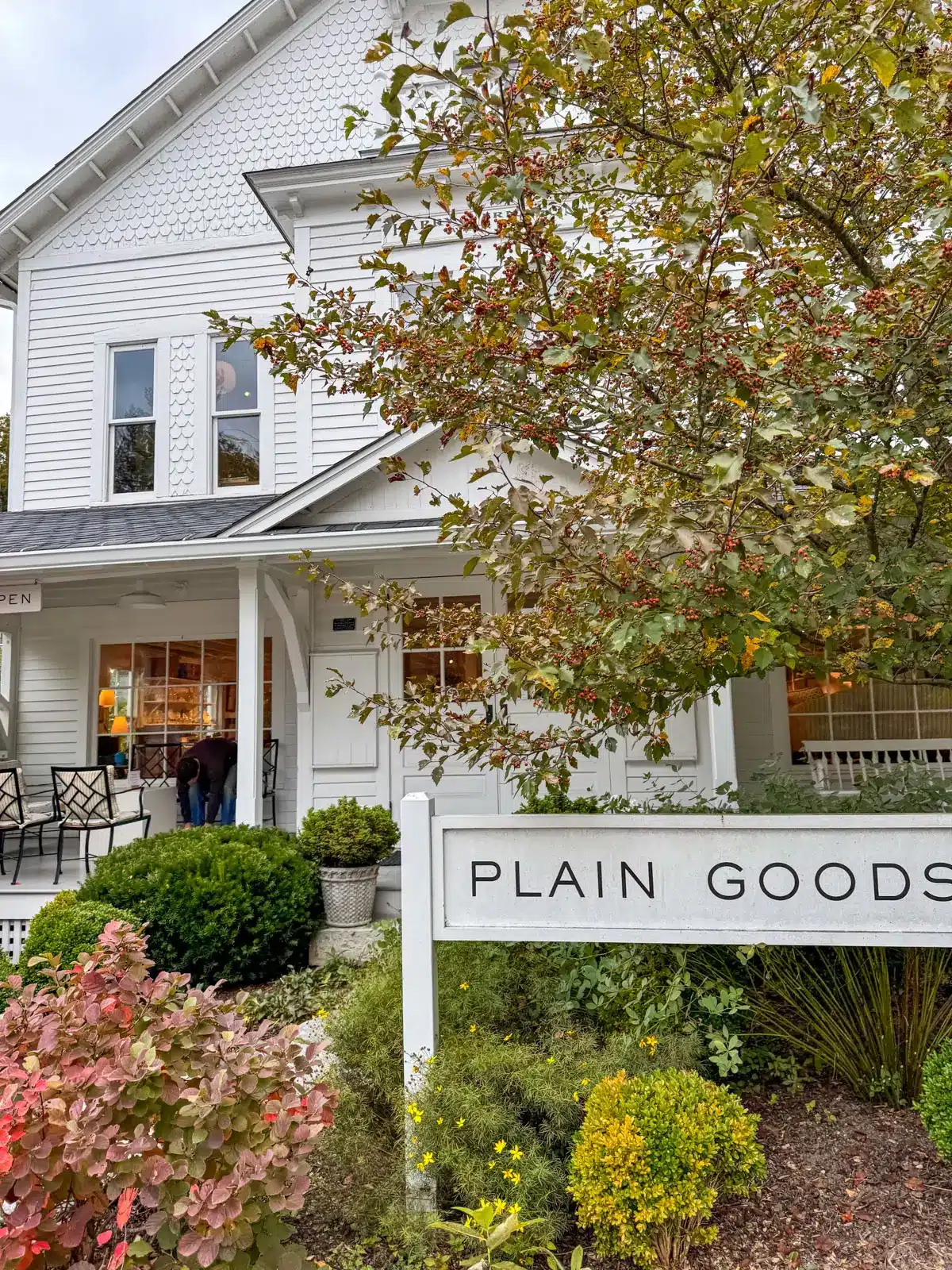 downtown new preston in fall with white colonial storefront shop.