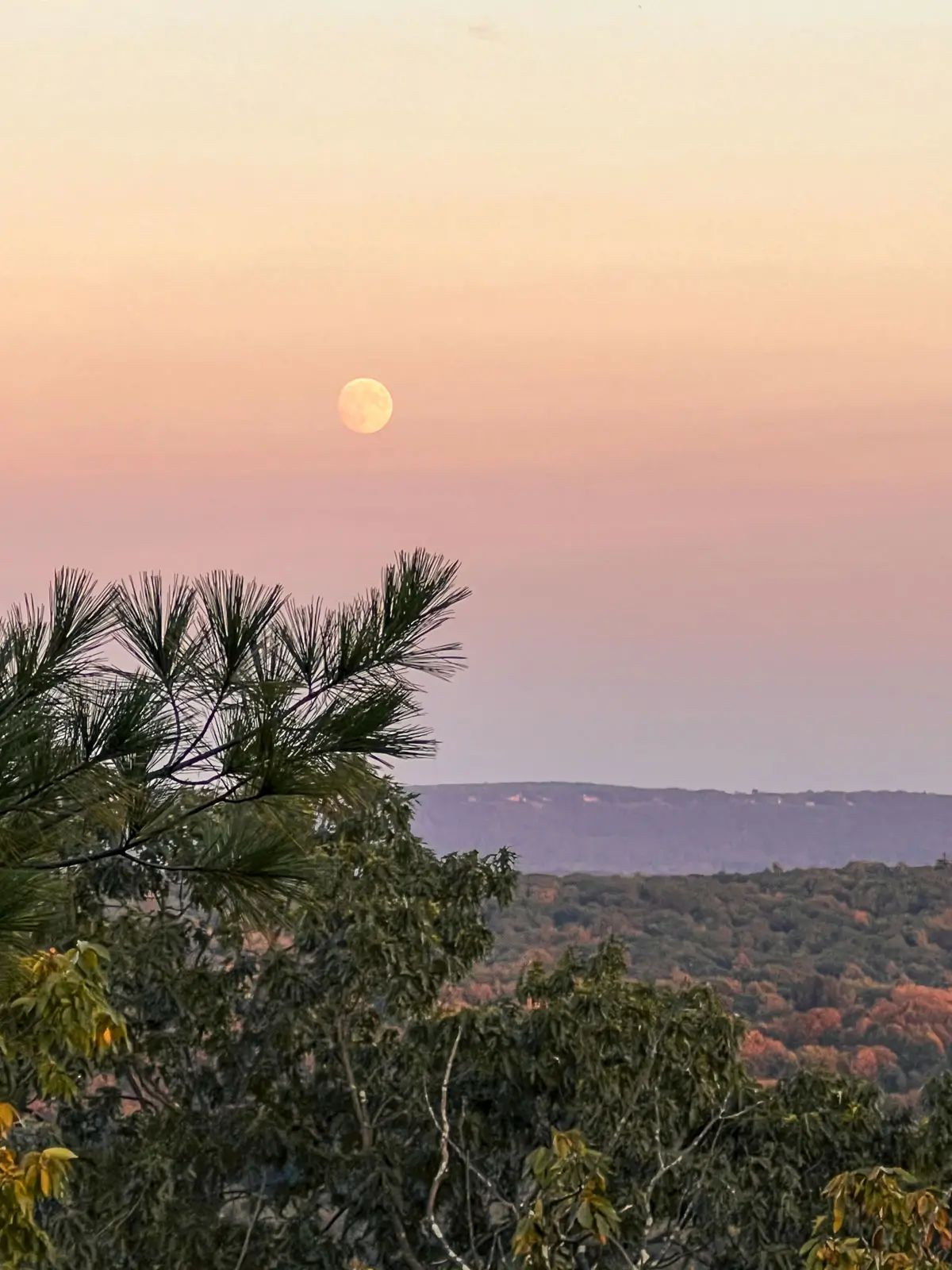 full moon in pink sky on a hike in collinsville connecticut.