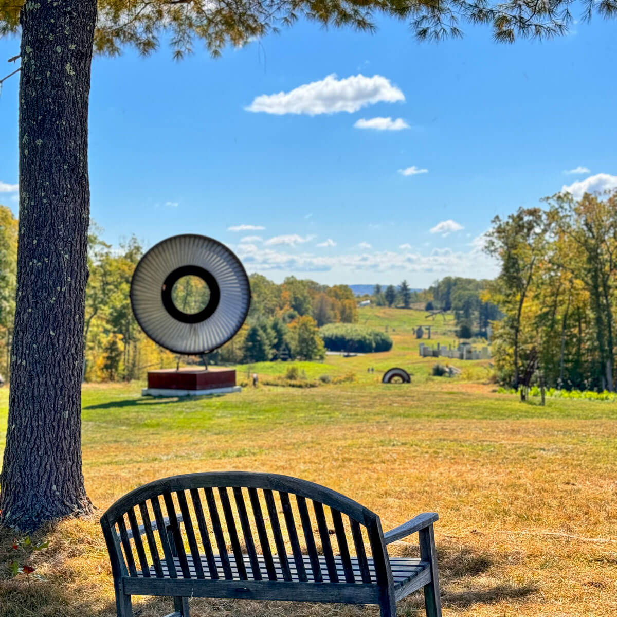 hogpen hill farms sculpture park in fall with green grass and fall colored trees.