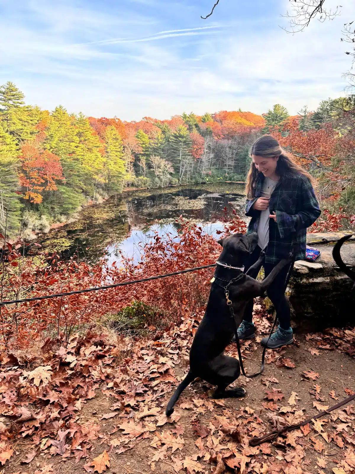 woman on a hike overlooking large lake lined with orange, red, and yellow trees.
