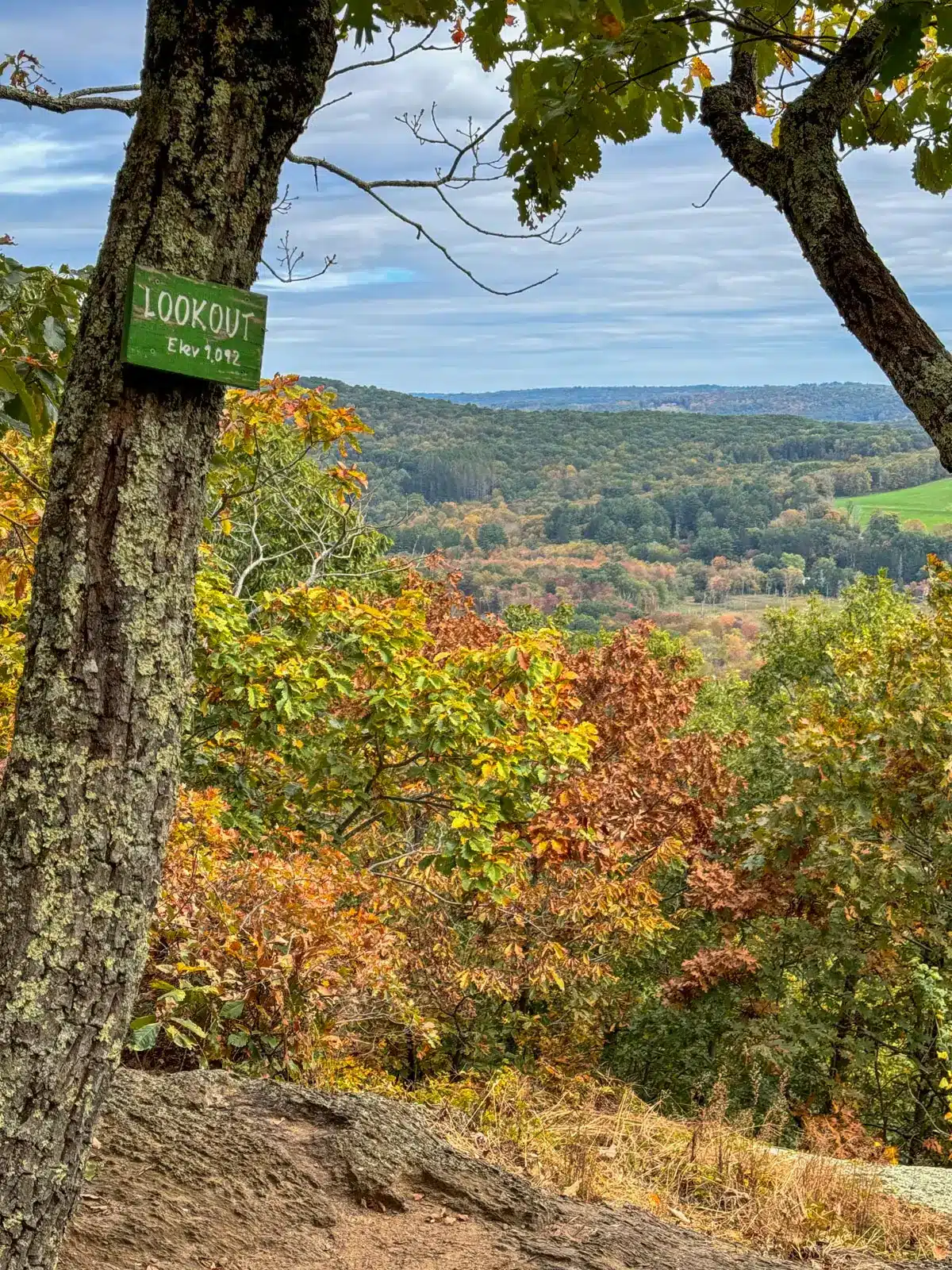 lookout from top of hike in washington connecticut in fall with green rectangle trail sign on tree and orange and green treetops in the distance.