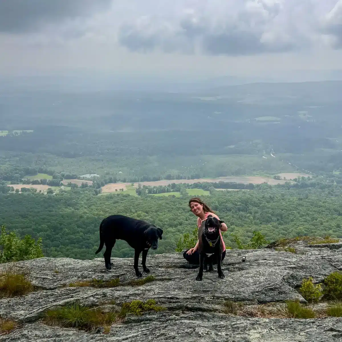 woman on rocky ledge at Mount Race with brown dog and black lab and green grass and farmland in distance.