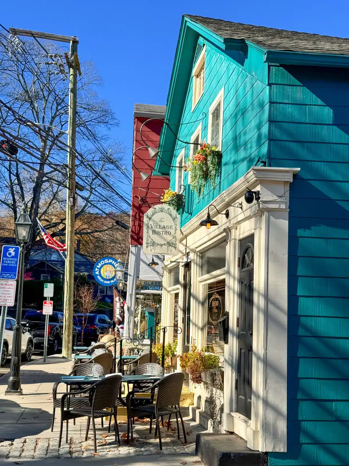 turquoise blue restaurant called the village bistro in downtown Chester connecticut.