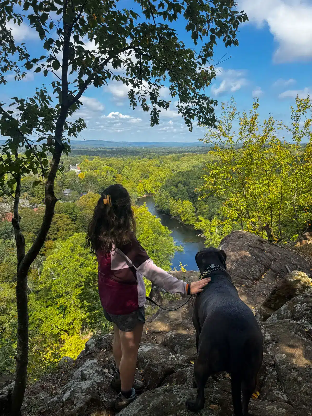 woman standing on top of cliff with big brown dog overlooking blue river below and bright green trees all around.