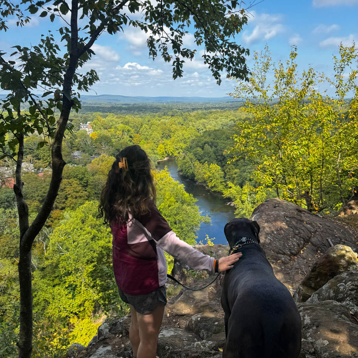 woman standing on top of cliff with big brown dog overlooking blue river below and bright green trees all around.