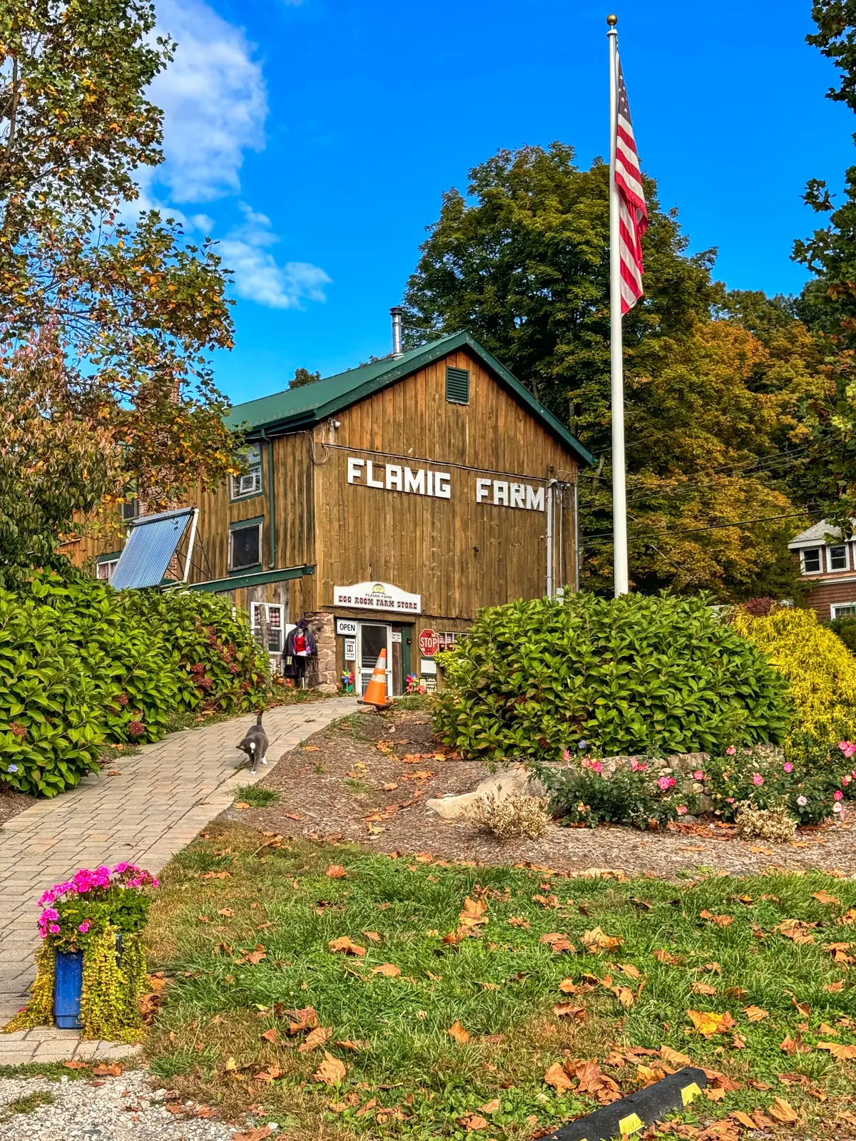 brown barn with white letters spelling flamig farm in simsbury.