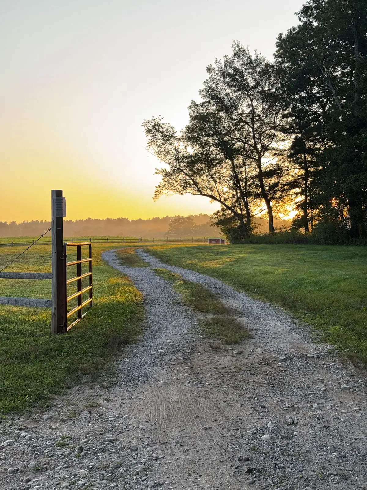 farm trail at sunrise time with orange glow in sky in simsbury ct.