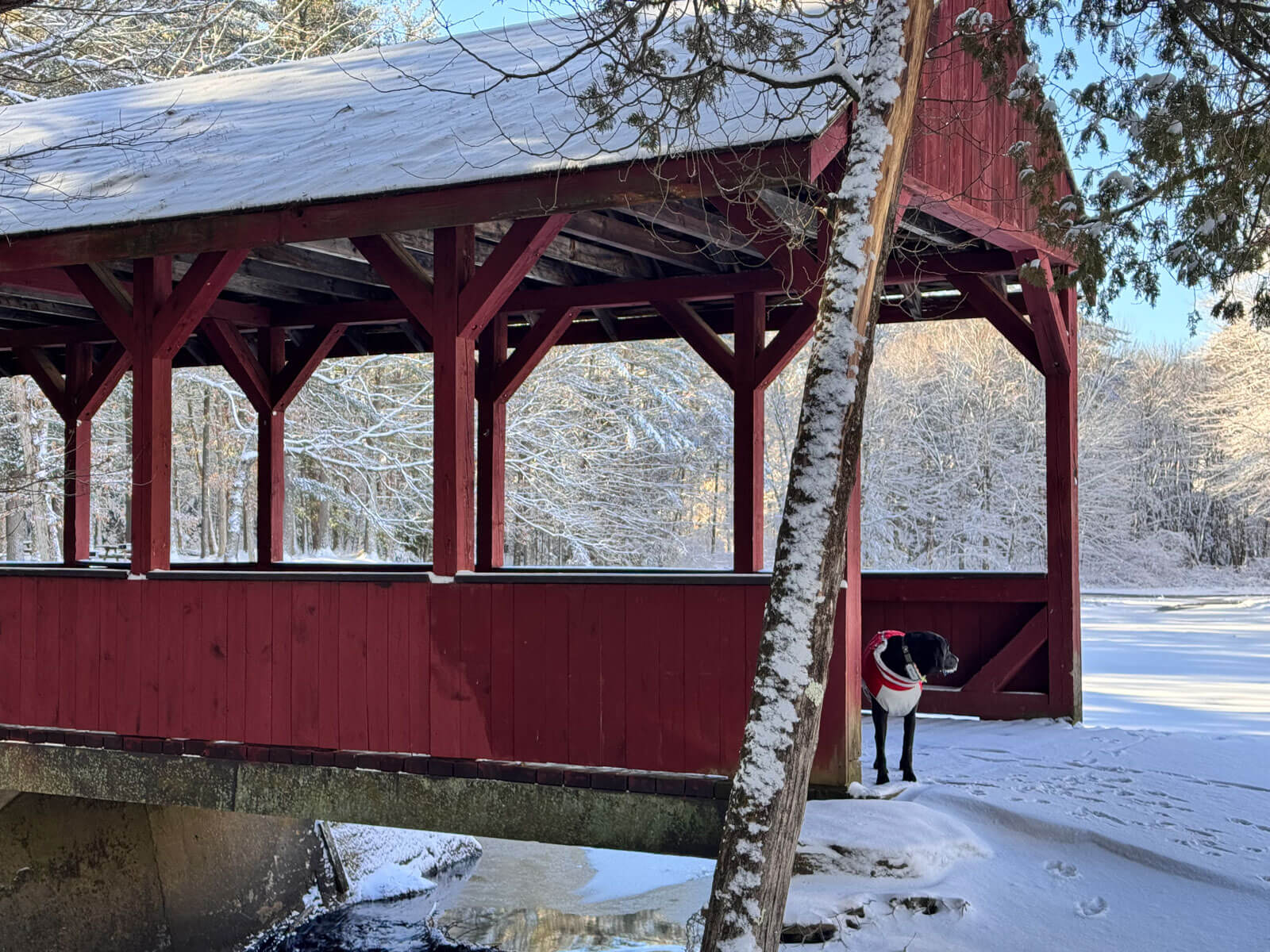 red covered bridge in the snow at stratton brook in simsbury connecticut.