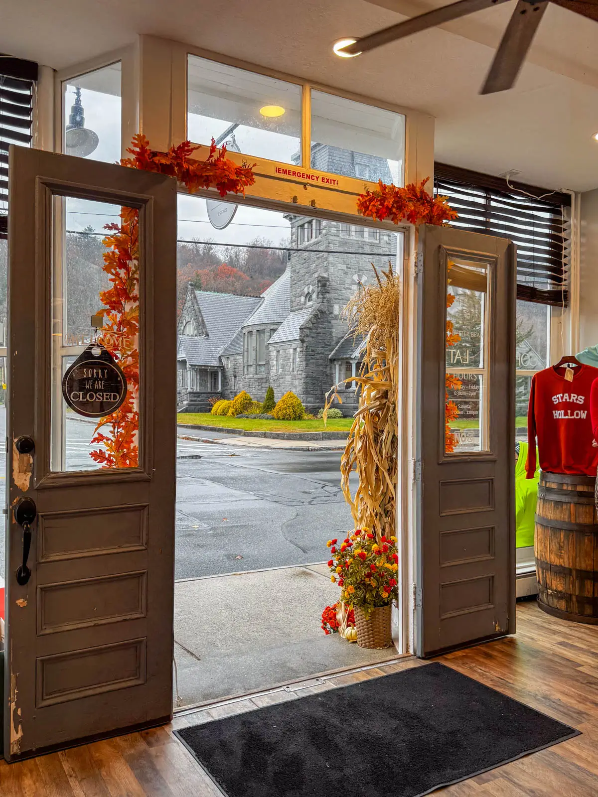 view out the front door of stone church from inside a cafe in monson massachusetts.