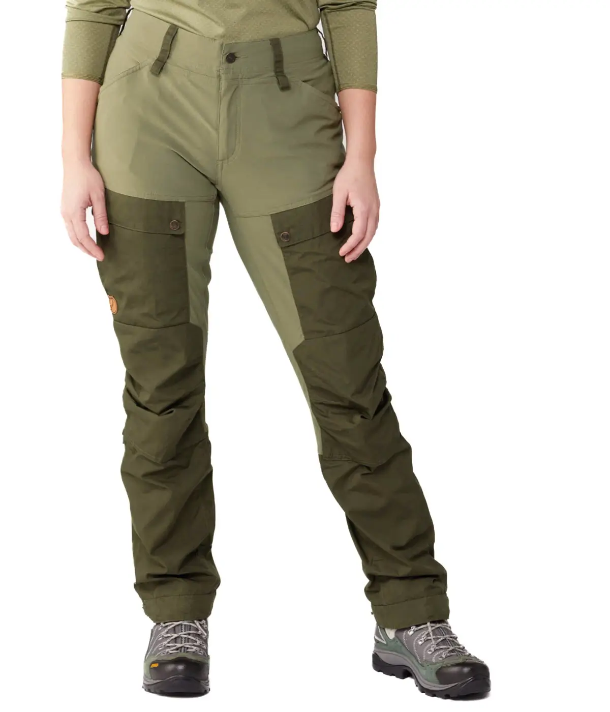 fjallraven womens winter hiking pants in army green with army style pocket and shell snowpant material.