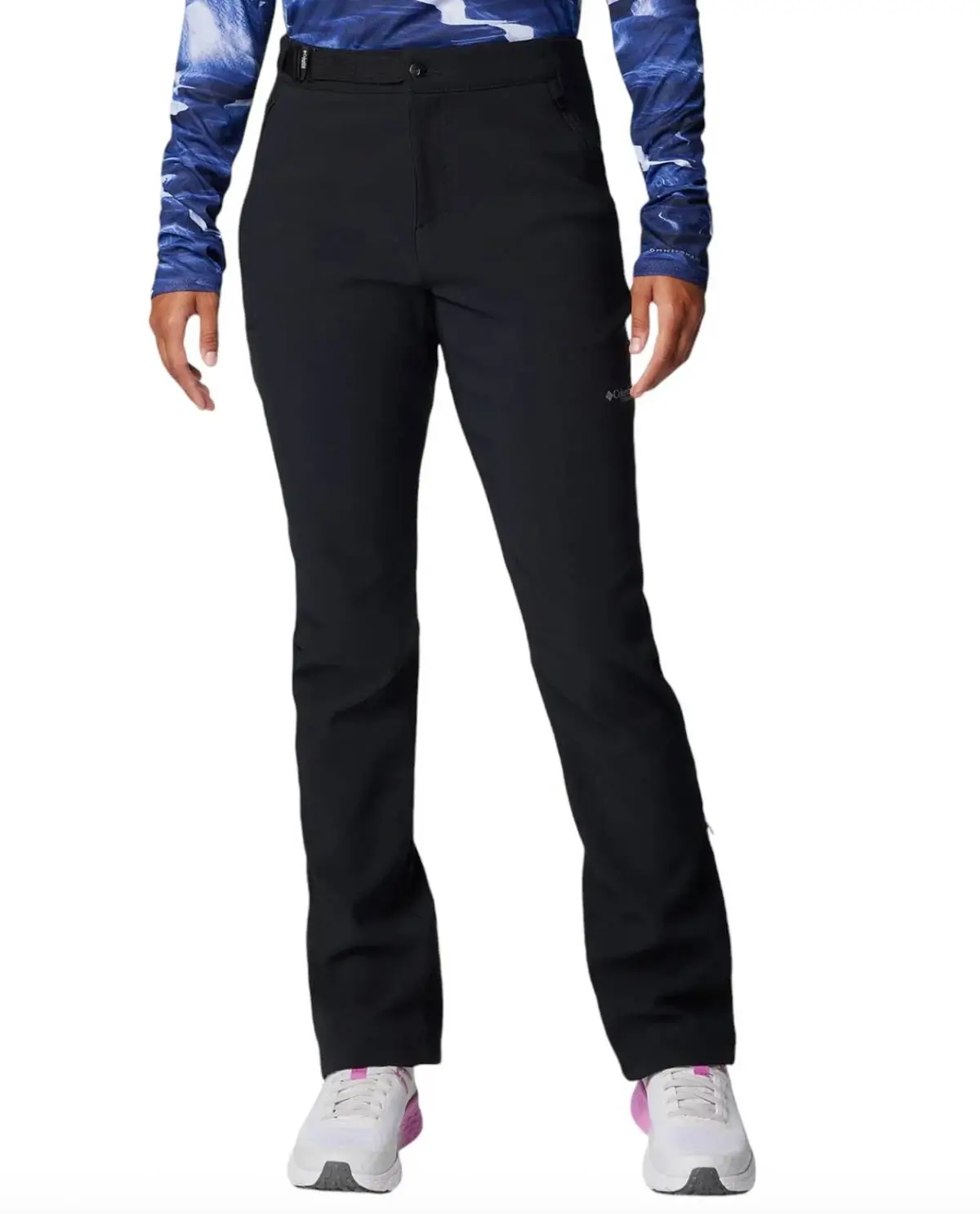 front view of columbia omni heat winter hiking pants on a woman in black.