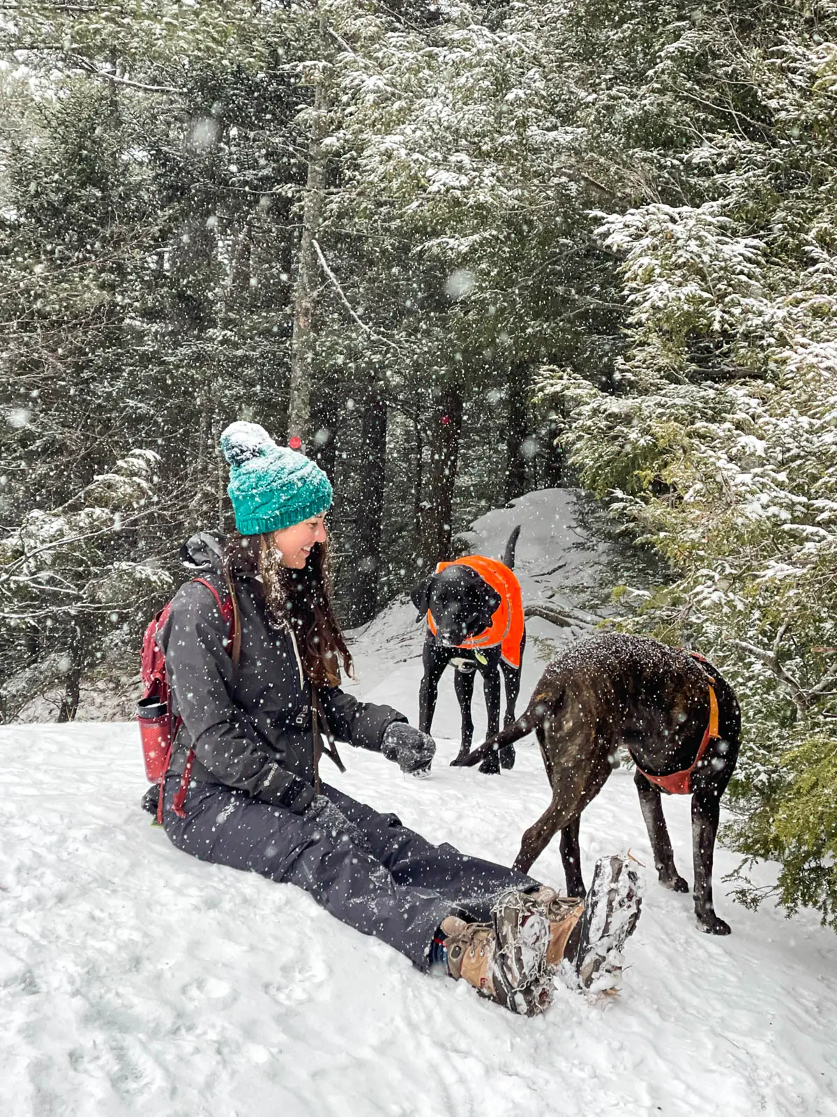 brunette woman sitting and smiling in the snow wearing a green snow hat and black shell pants with a brown dog next to her and flurries of snow coming down all around.