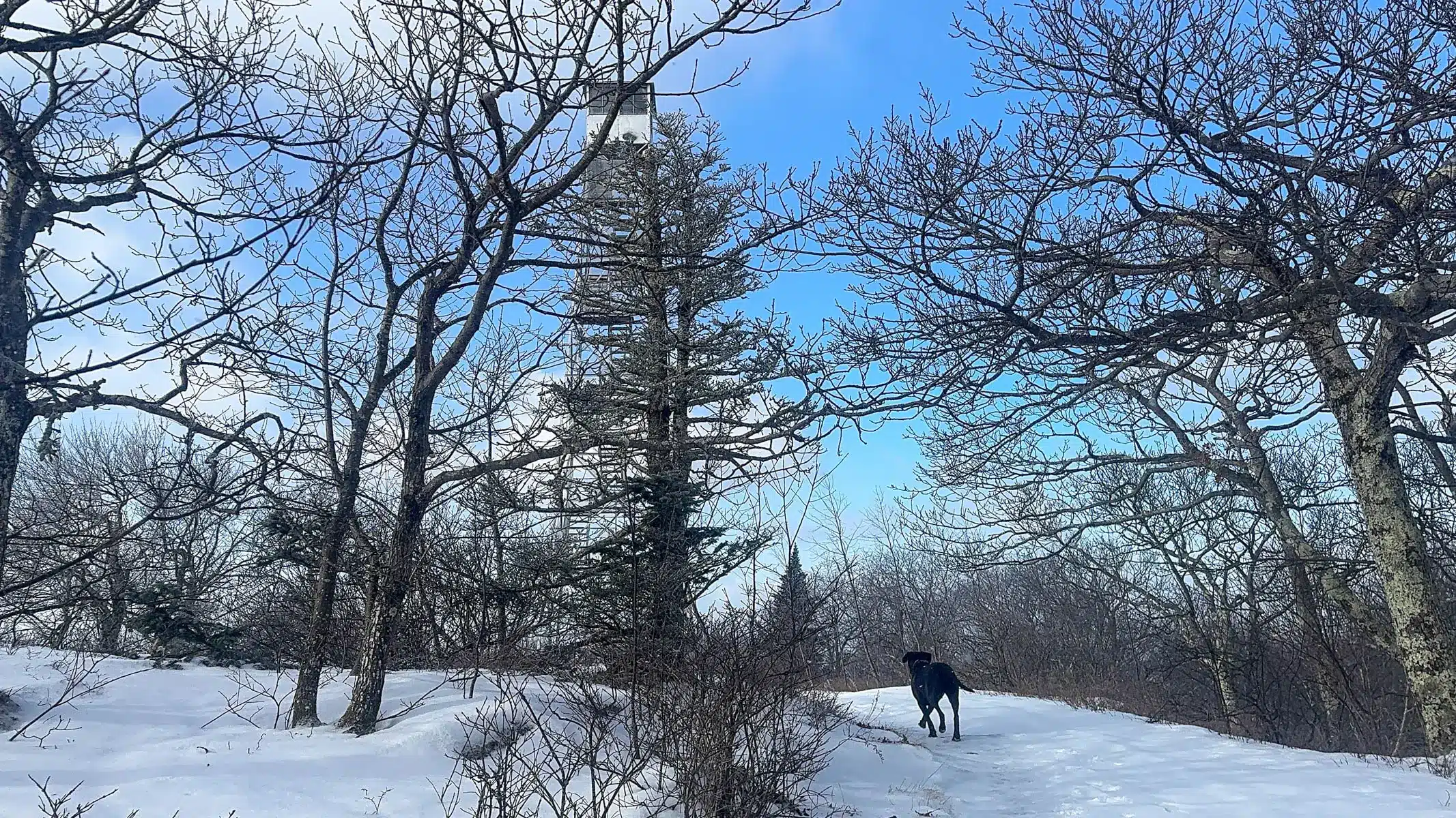 overlook mountain fire tower on a winter day with snow on ground and blue skies above.