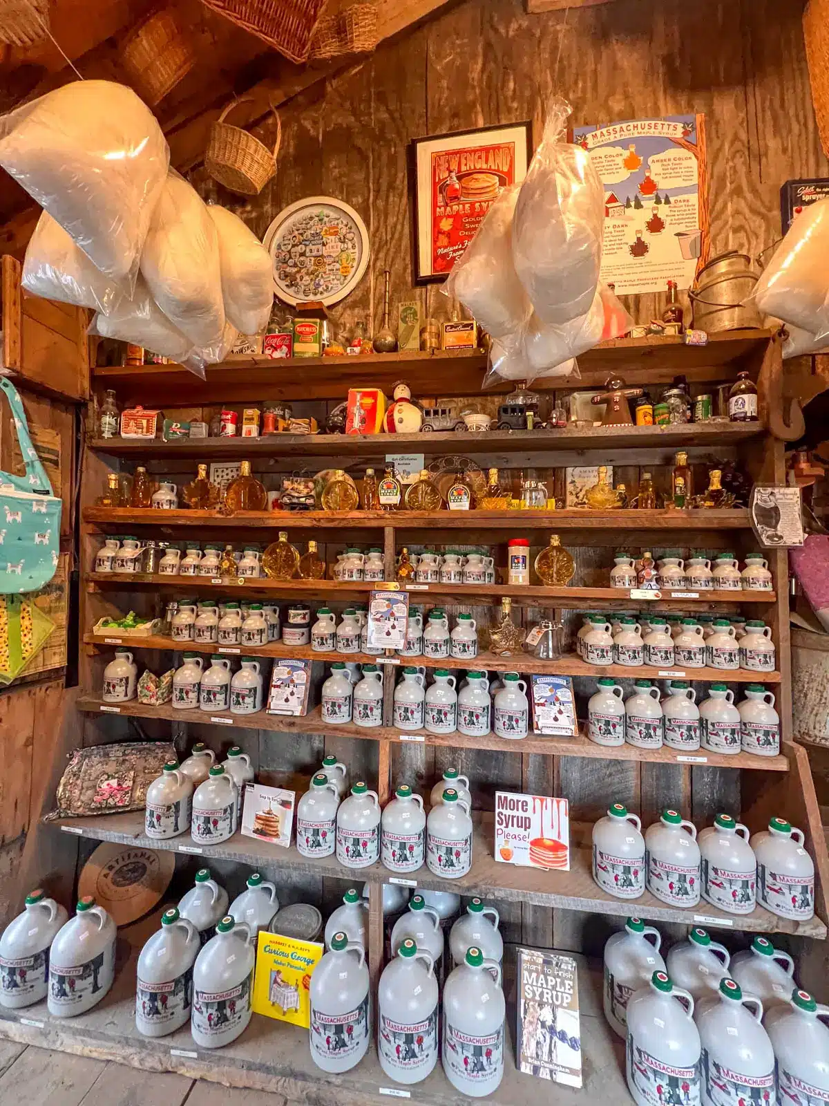 inside high hopes maple house in massachusetts with a wall of maple syrup jugs on wooden shelves and cotton candy hanging from ceiling above.