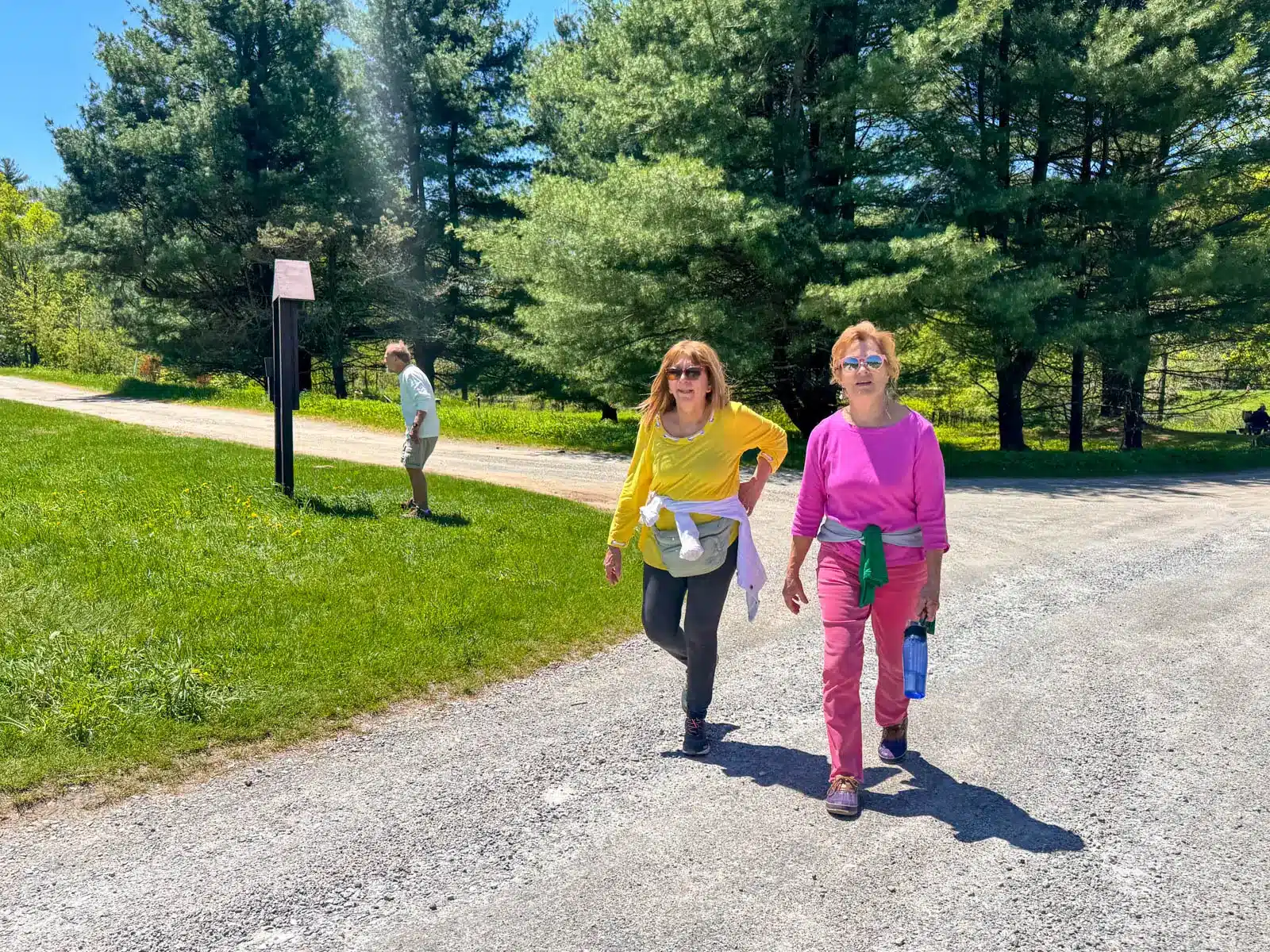 woman in yellow shirt and woman in pink shirt walking side by side in litchfield on a trail lined with green trees.