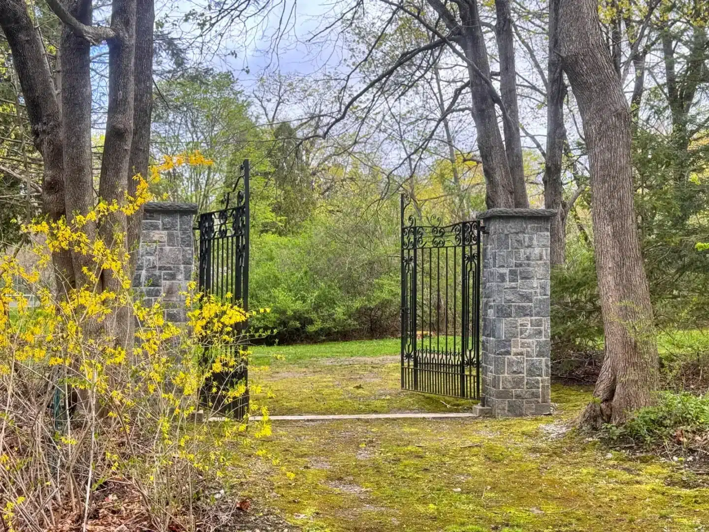 stone pillars and gate leading into a garden with bright green grass and yellow flowers.