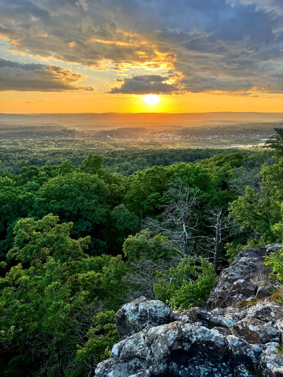sunset view from hike in connecticut with sea of green trees below and golden sun setting in distance.