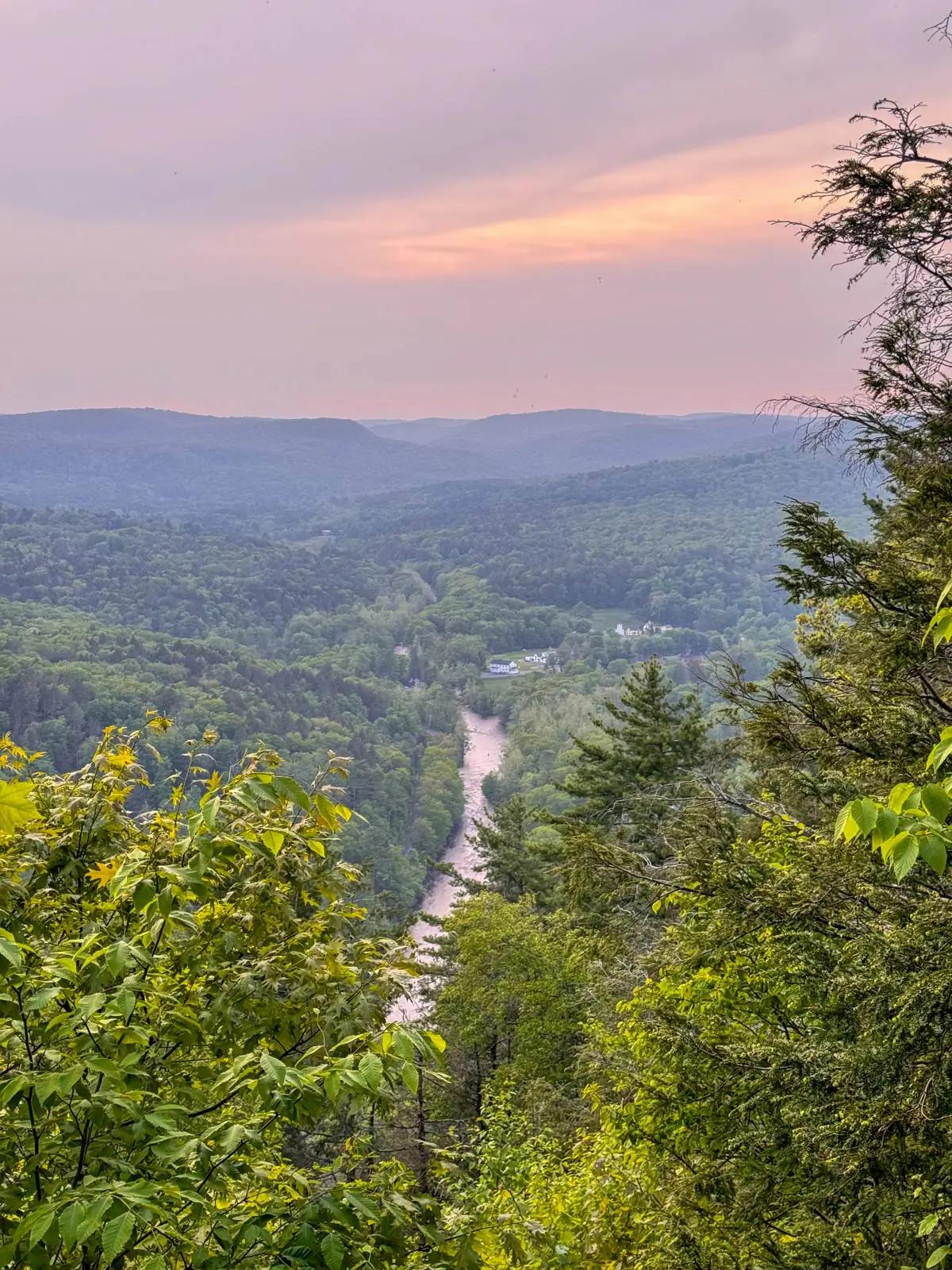 view of river below on sunset hike surrounded by green trees and rolling green hills in distance with soft pink sky.