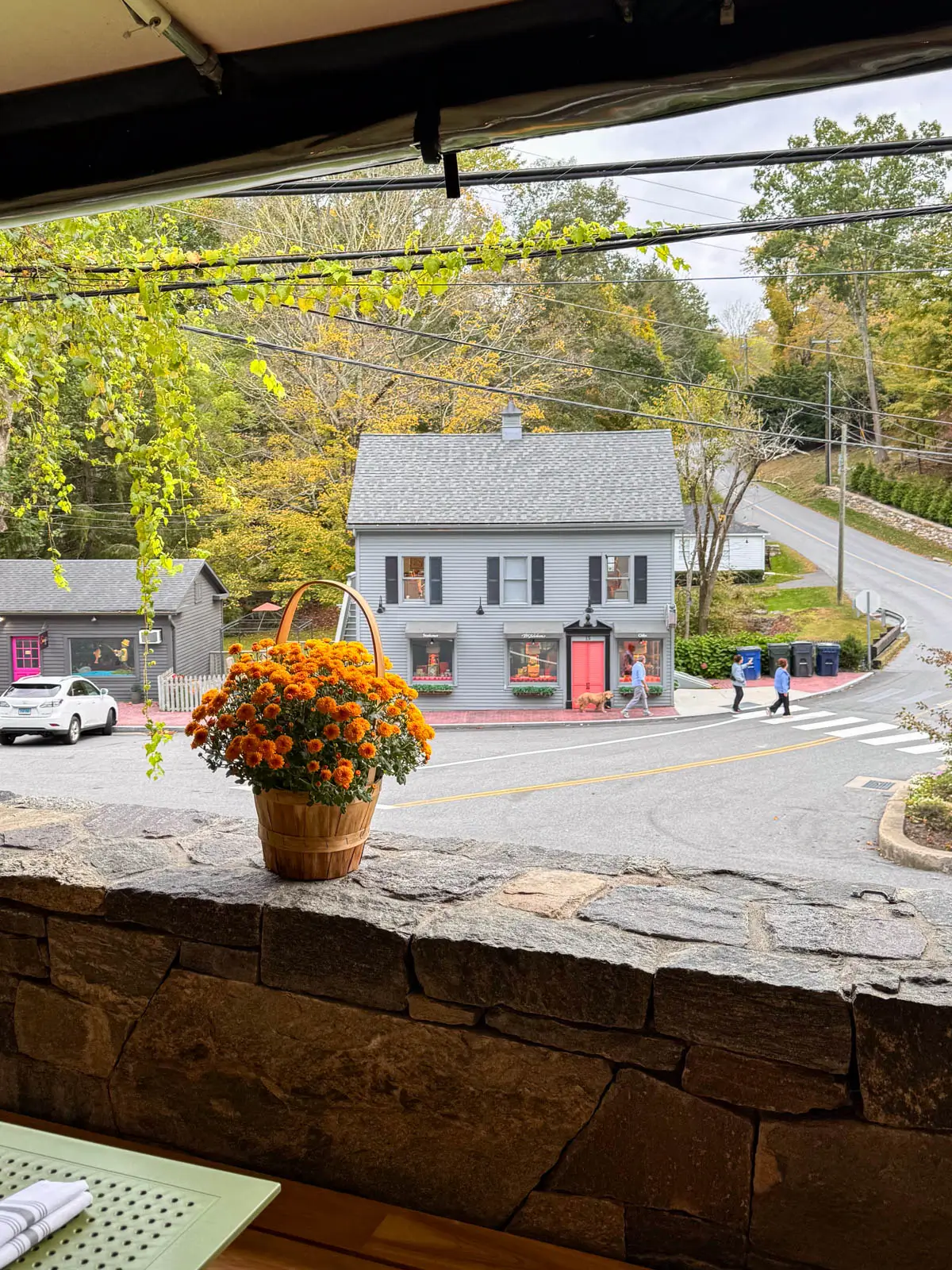 view from a restaurant in new preston of downtown street with old light blue colonial with orange door in distance.