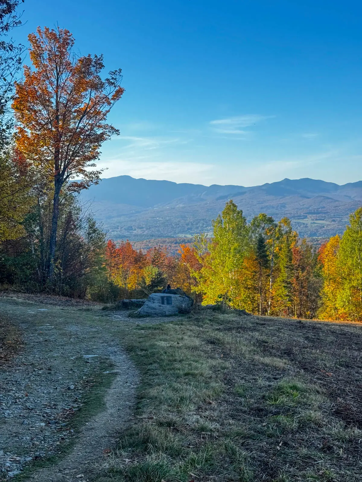 view of open meadow at sunrise time with soft golden sky on a hike in fall in stowe with hills of orange, red, and green trees and rolling hills and big mountain in distance.
