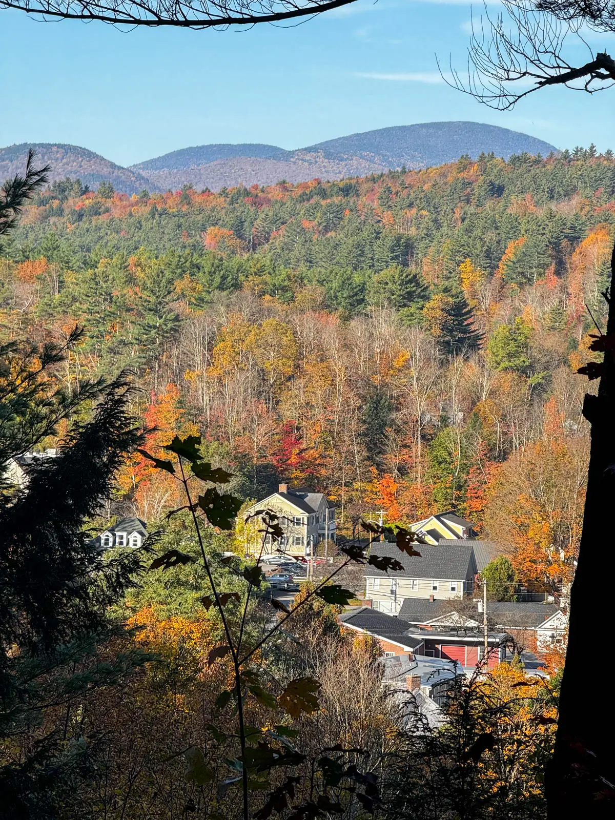 view from a hike in stowe in the fall of a little town below and rolling mountains in distance with orange trees and green pine trees dotting the forest.