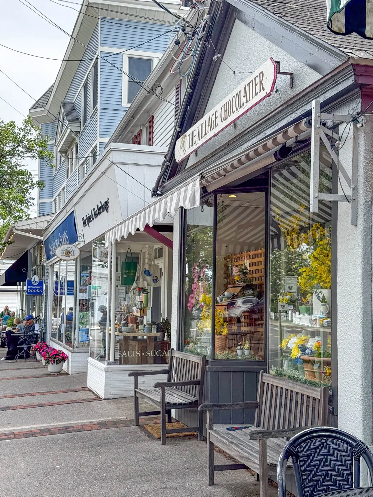 quaint little shops and storefronts along main street in guilford.