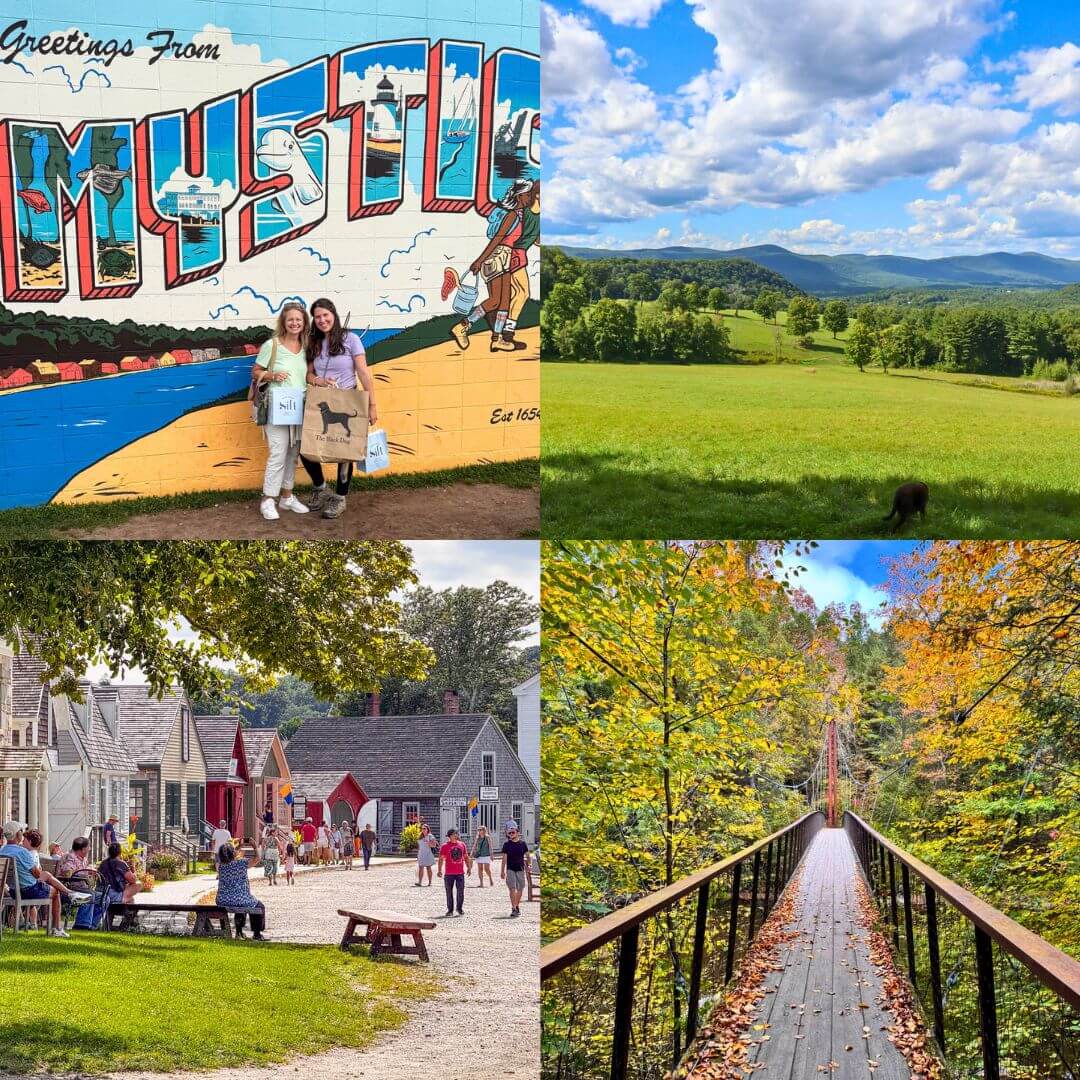 an array of places to visit in connecticut from a suspension bridge in fall surrounded by orange leaves to a green mountain view in top right corner, women in front of a mystic sign in top left corner and a little downtown village in bottom left corner.
