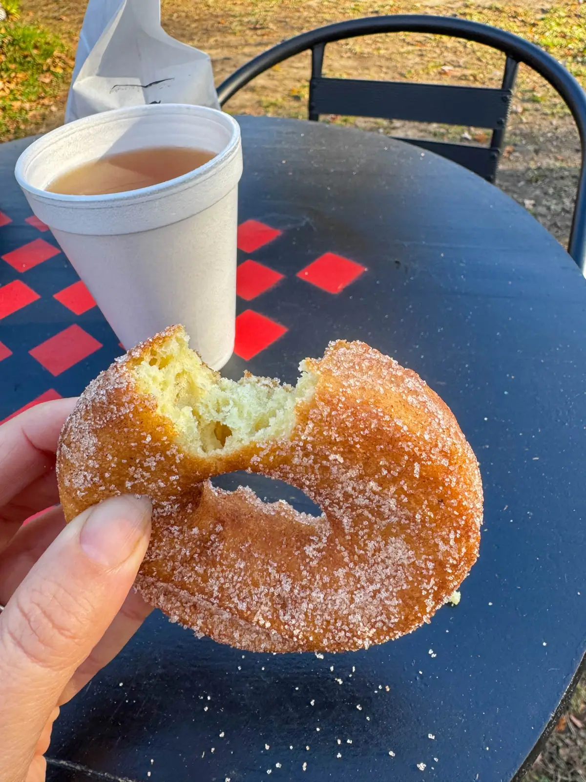white woman's left hand holding an apple cider donut with white styrofoam cup on black table in background at a cider mill in mystic connecticut.